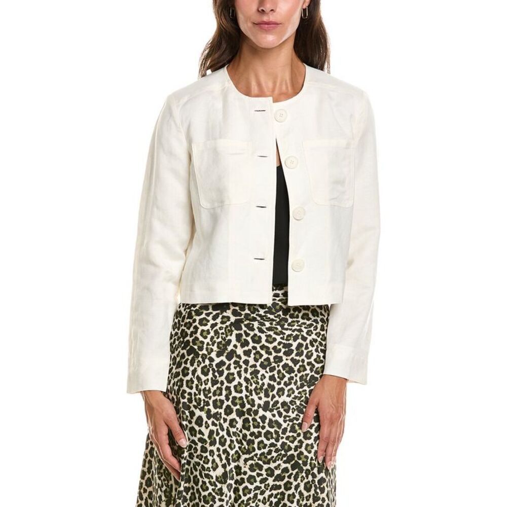 Anne Klein Womens Button Front Linen-Blend Jacket, White